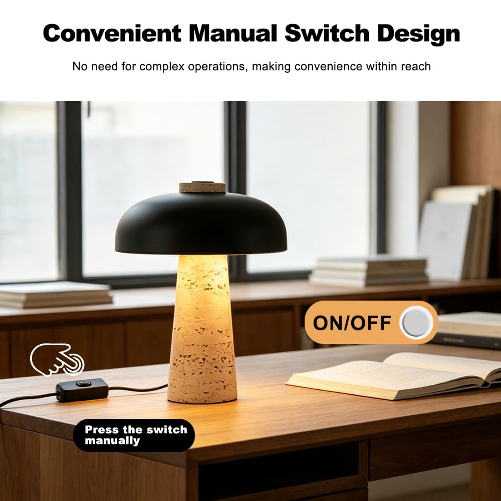 Factory Wabi-sabi Mushroom LED Table Lamp, Modern Minimalist Travertine Base for Bedroom Bedside Study Desk, Wabi-sabi Mushroom LED Table Lamp, operation14