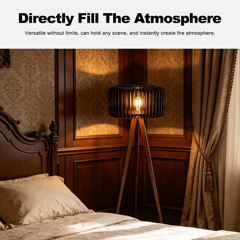 Manufacturer Retro Mid-Century American Tripod LED Standing Floor Lamp, Wooden Lampshade Decor for Bedroom Living Room, Retro Mid-Century Tripod Floor Lamp, operation14
