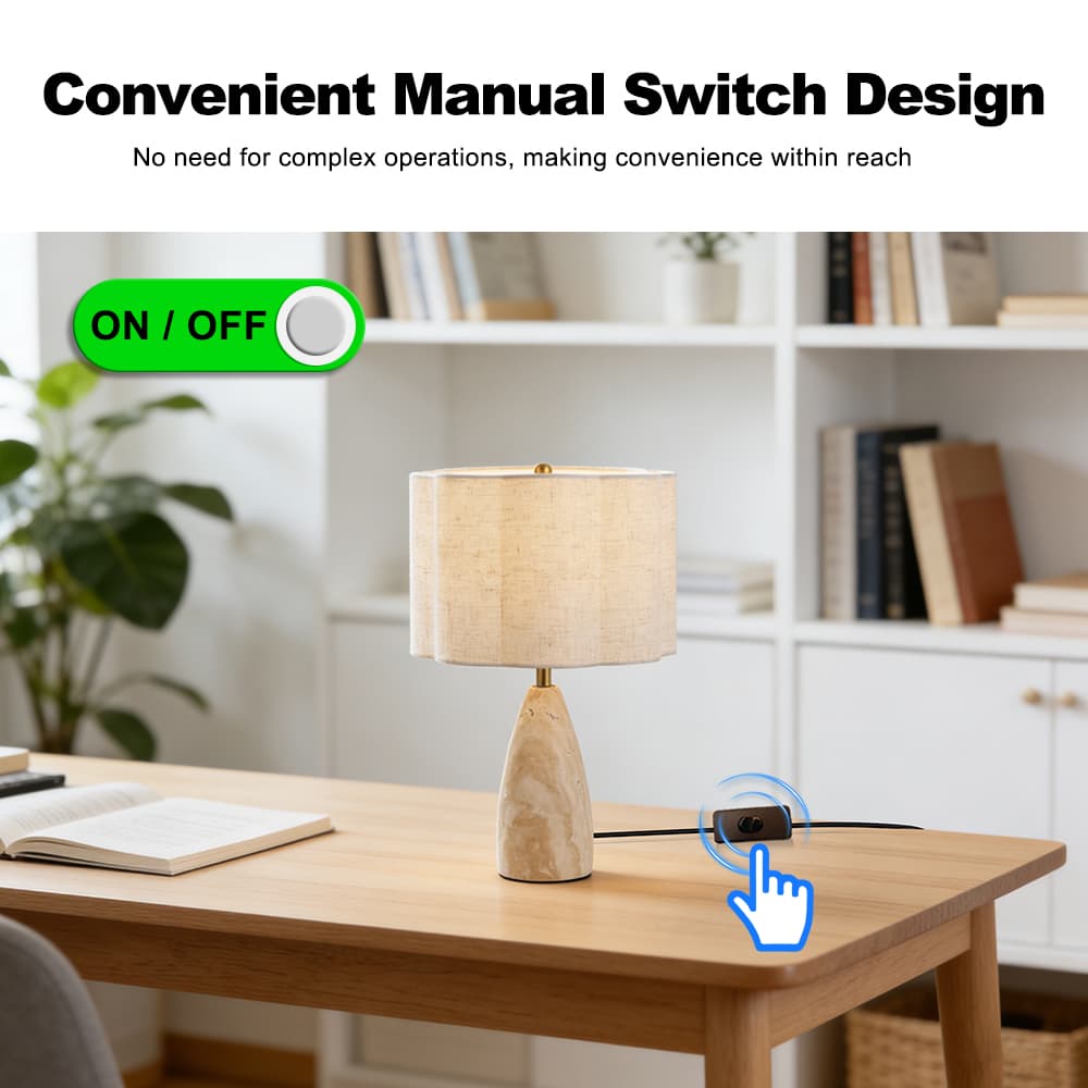 Bedroom Decorative Wabi-sabi Study Desk Bedside Mid-century Led Fabric Lampshade Travertine Table Lamp, Wabi-Sabi Travertine Table Lamp, operation14