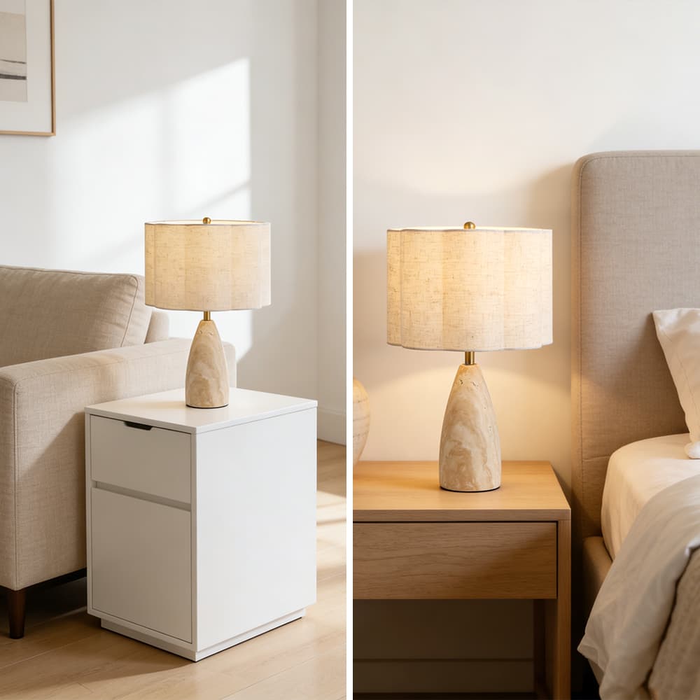 Bedroom Decorative Wabi-sabi Study Desk Bedside Mid-century Led Fabric Lampshade Travertine Table Lamp, Wabi-Sabi Travertine Table Lamp, operation14