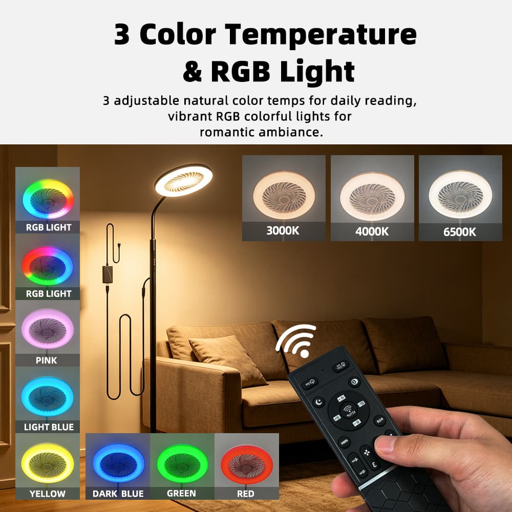 Modern RGB Color Changing CCT Dimmable LED Floor Lamp With 3 Speed Fan Remote Control Fan Light For Home Decor, RGB LED Floor Lamp with 3 Speed Fan, operation14
