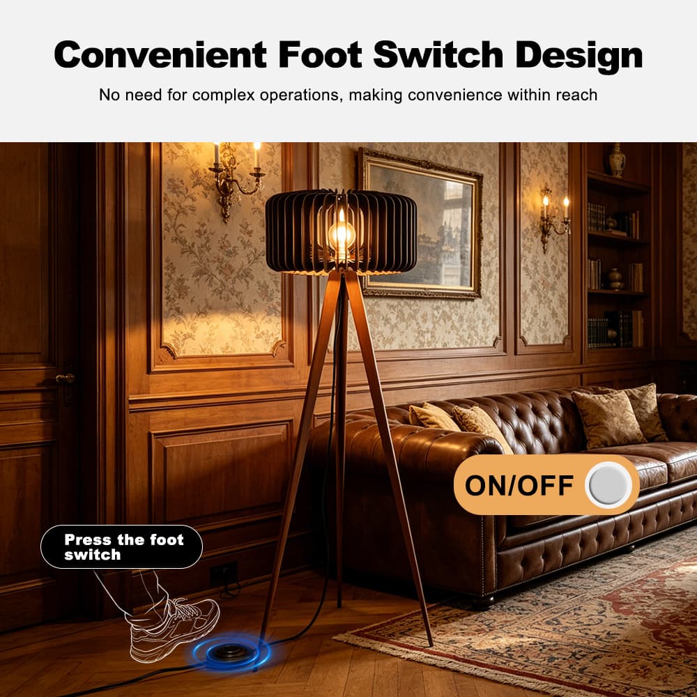 Manufacturer Retro Mid-Century American Tripod LED Standing Floor Lamp, Wooden Lampshade Decor for Bedroom Living Room, Retro Mid-Century Tripod Floor Lamp, operation14