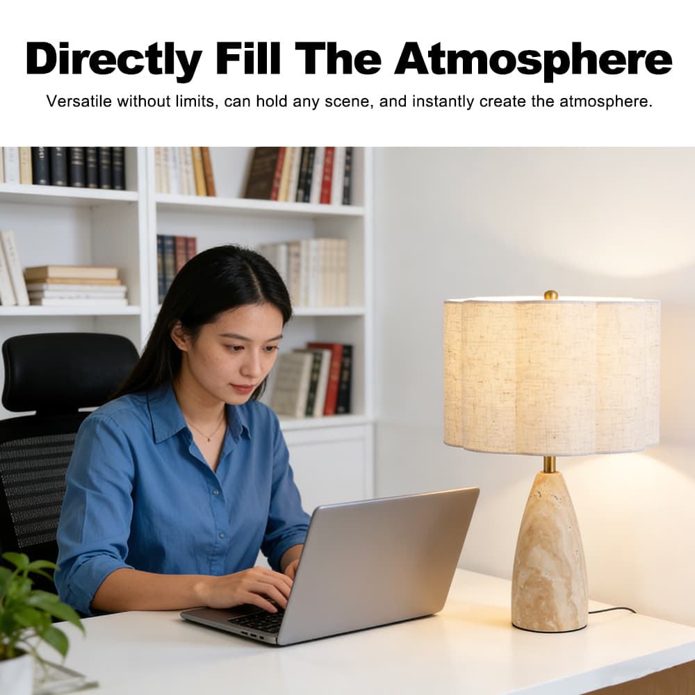 Bedroom Decorative Wabi-sabi Study Desk Bedside Mid-century Led Fabric Lampshade Travertine Table Lamp, Wabi-Sabi Travertine Table Lamp, operation14