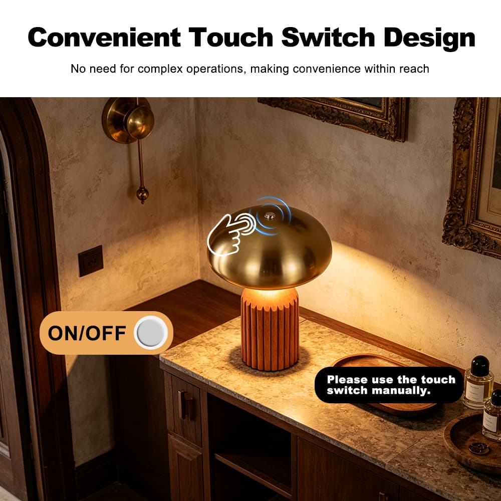 Portable USB Charging LED Touch Table Lamp Wabi-sabi Mid Century Style with Solid Wood Base for Bedside Desk, Wabi-Sabi Mid Century LED Touch Table Lamp, operation14
