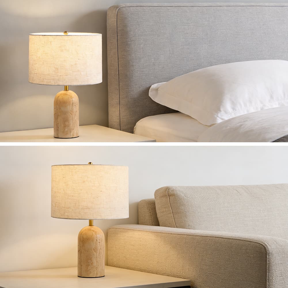 Traventine base Fabric Linen Shade Table Lamp Living Room, Travertine Base Linen Shade Table Lamp, operation14