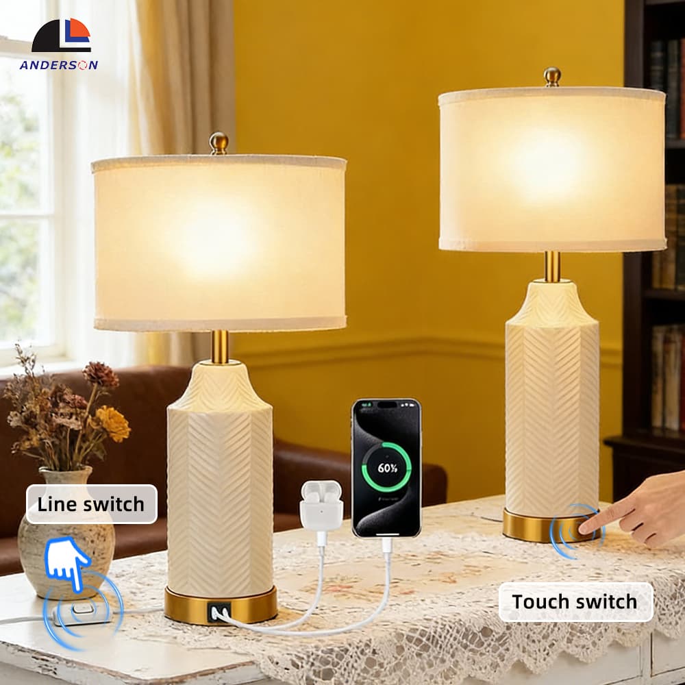 American Modern Touch Sensor Bedside Table Lamp Built-in USB Port for Phone & Earphone Charging Living Room Desk Lamp, operation14