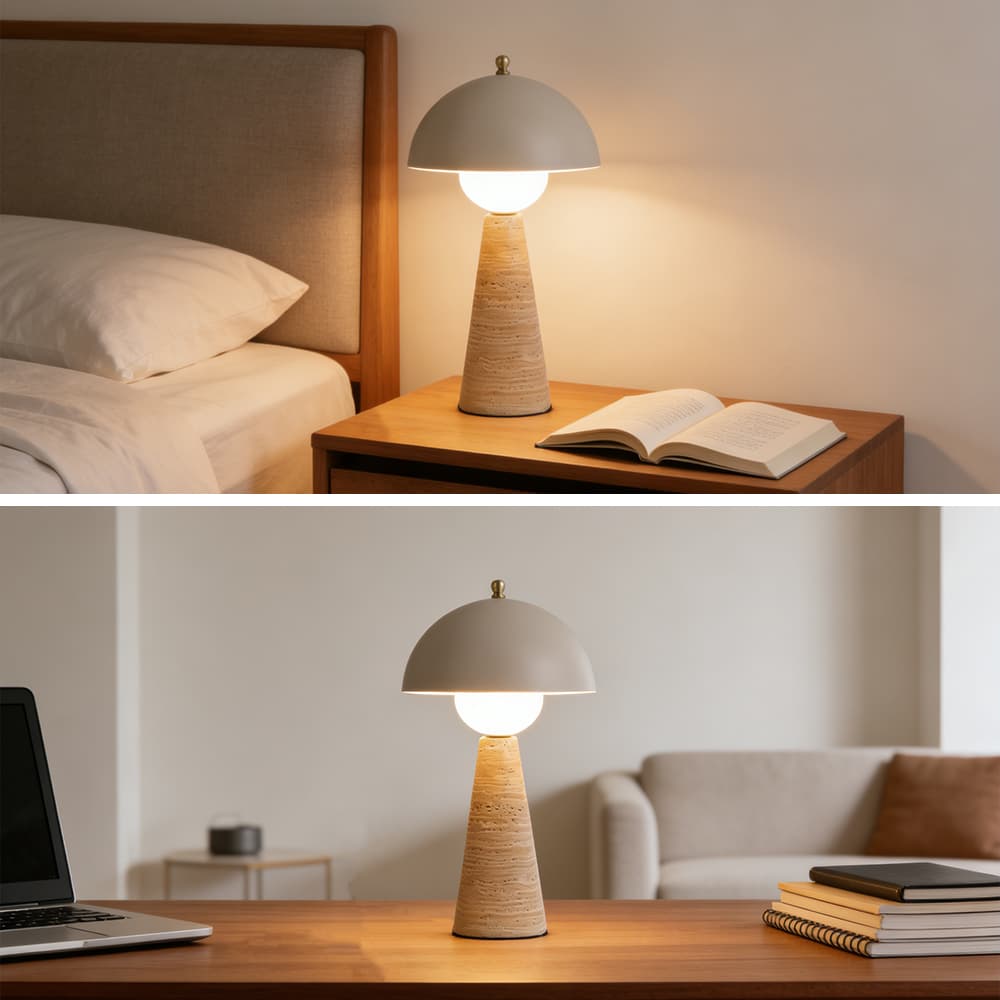 Bedroom Decorative Wabi-sabi Bedside Mid-century Led Metal Luxury Mushroom Stone Travertine Table Lamp, Wabi-sabi Travertine Mushroom Table Lamp, operation14