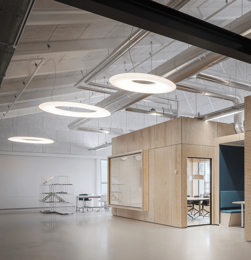 Office interior with suspended ceiling lighting